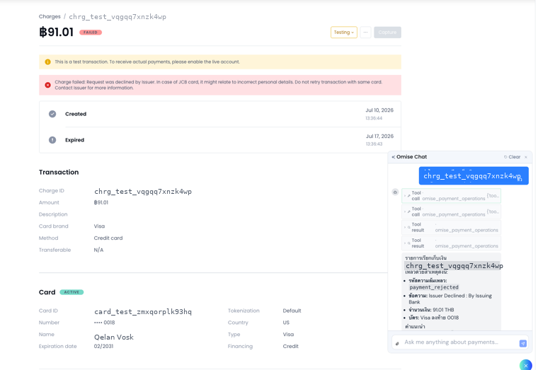 A charge detail page with Merchant Agent showing the decline reason and card details in the chat panel
