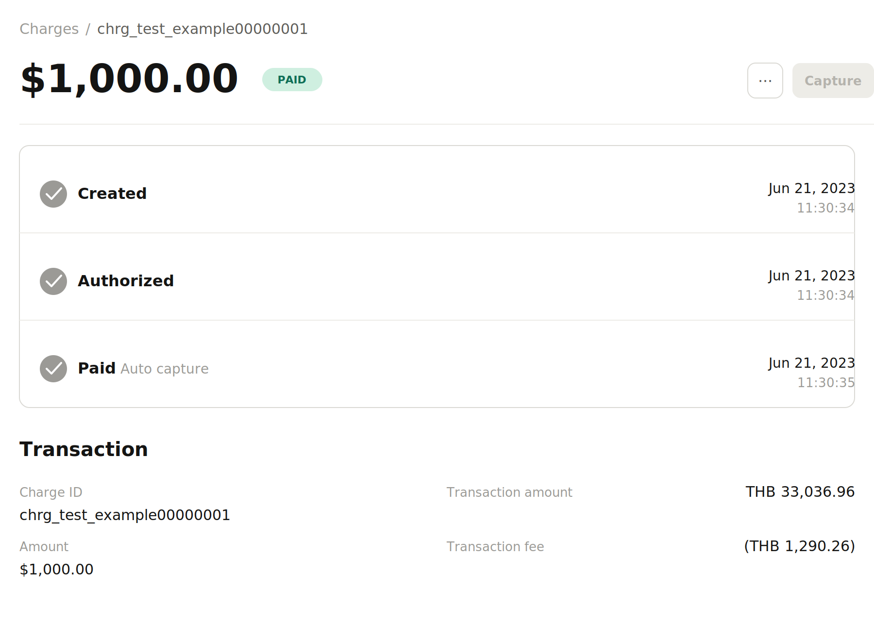 Multi-currency charge details displayed on the Omise dashboard